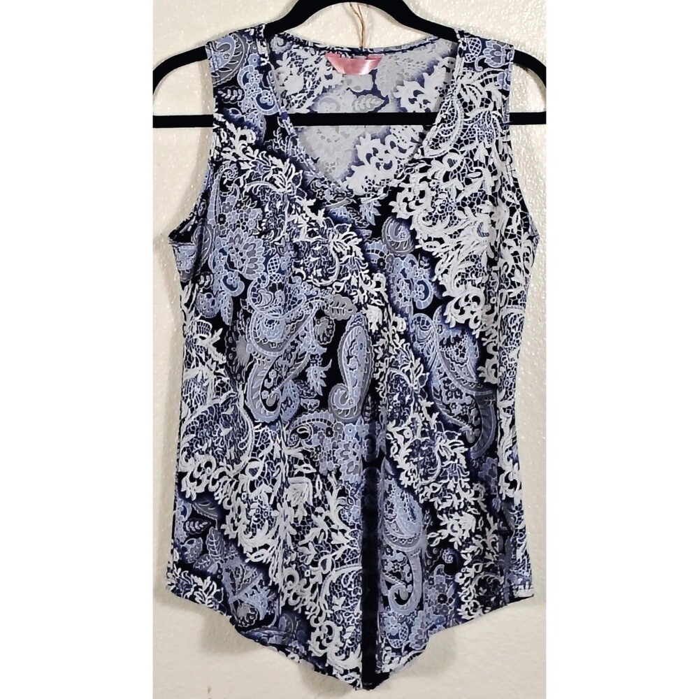 SJS Women’s Petite Large Sleeveless Paisley Lace Print Top Blue White V-Neck